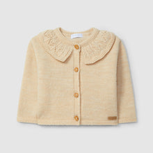 Load image into Gallery viewer, Beige baby jacket with lace collar on a light gray background