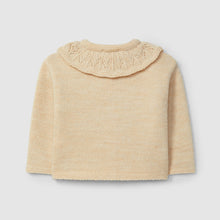 Load image into Gallery viewer, Beige knitted cardigan with a ruffled collar on a light gray background