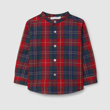 Load image into Gallery viewer, Red and blue plaid shirt on a light gray background