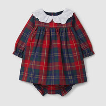 Load image into Gallery viewer, Red and blue plaid baby dress with white collar on a light gray background
