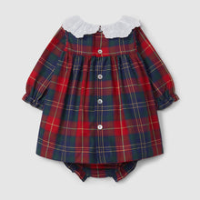 Load image into Gallery viewer, Plaid dress with white collar and buttons on a light gray background