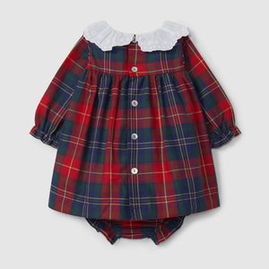 Plaid dress with white collar and buttons on a light gray background