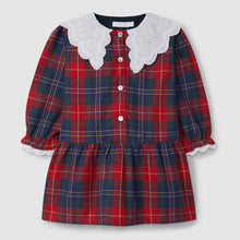 Load image into Gallery viewer, Red and blue plaid dress with lace collar on a light gray background