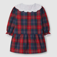 Load image into Gallery viewer, Red and blue plaid dress with white collar on a light gray background