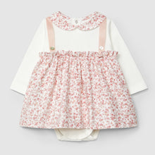 Load image into Gallery viewer, Children&#39;s outfit with floral dress over a white shirt on a light gray background
