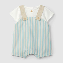 Load image into Gallery viewer, Laranjinha two-in-one linen striped romper for kids in Aqua Blue, featuring a stylish, comfortable design with vertical stripes.