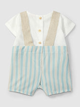 Load image into Gallery viewer, Laranjinha two-in-one linen striped romper in aqua blue, featuring a comfortable fit and casual summer style for kids.