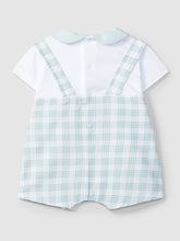 Load image into Gallery viewer, Light green two-in-one checked seersucker romper by Laranjinha, featuring a stylish and comfortable one-piece design.