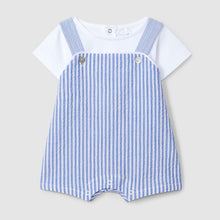 Load image into Gallery viewer, Baby outfit with blue and white striped romper and shirt on a light gray background