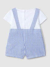 Load image into Gallery viewer, Laranjinha striped indigo two-in-one seersucker romper, showing the casual short-sleeve and romper design with vertical stripes.