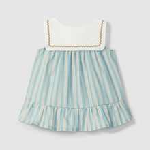 Load image into Gallery viewer, Laranjinha striped aqua blue dress with rickrack detail, lightweight and stylish for girls' summer fashion.