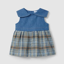 Load image into Gallery viewer, Blue denim and plaid dress on a light gray background