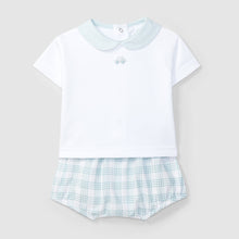 將圖片載入圖庫檢視器 Light green Laranjinha two-piece checked seersucker top with embroidery on the chest, featuring a stylish and breathable design.