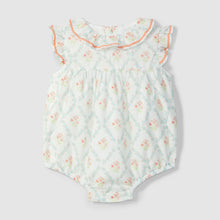 Load image into Gallery viewer, Laranjinha floral shortie romper with rickrack detail, lightweight fabric, and colorful flower print for girls.