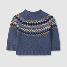 Load image into Gallery viewer, Blue knitted sweater with a pattern on the back against a light gray background
