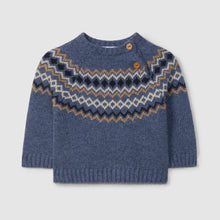 Load image into Gallery viewer, Blue knitted sweater with a pattern on a light gray background