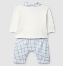 Load image into Gallery viewer, Children&#39;s outfit with white shirt and blue checkered shorts on a light gray background