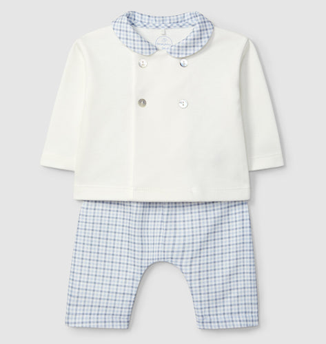 Baby outfit with white shirt and blue checkered pants on a light gray background