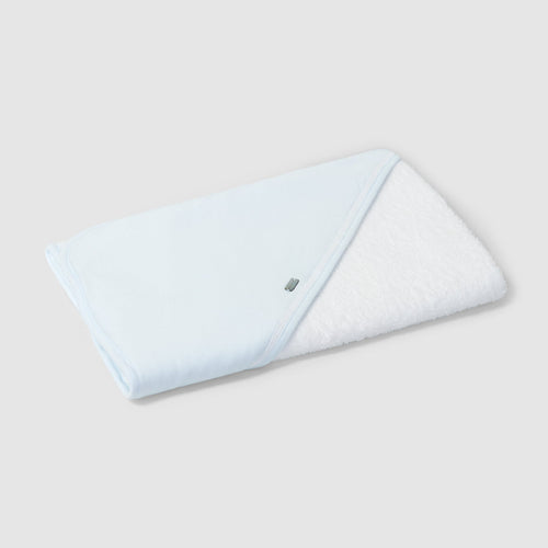 Folded light blue towel on a white background