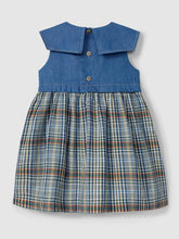 Load image into Gallery viewer, Laranjinha check denim dress in indigo color featuring a classic casual style with button details and a relaxed fit.