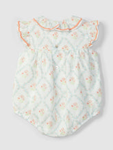 Load image into Gallery viewer, Laranjinha floral shortie romper with rickrack detail, lightweight and cute for warm weather, featuring colorful flower patterns.