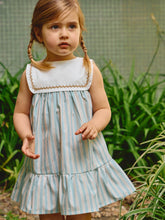 Load image into Gallery viewer, Laranjinha aqua blue striped dress with rickrack detail, featuring a sleeveless design and playful pattern.