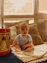 Load image into Gallery viewer, Laranjinha striped indigo two-in-one seersucker romper for women, featuring a stylish, comfortable design with vertical and horizontal stripes.
