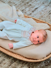 Load image into Gallery viewer, Velvet babygrow with ruffled collar and smocking