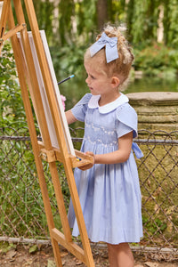 Clémence, smocked dress, in Cornflower poplin