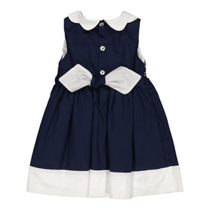 Flora, smocked dress, in Navy cotton piqué