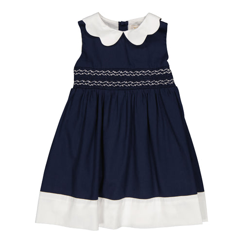 Flora, smocked dress, in Navy cotton piqué