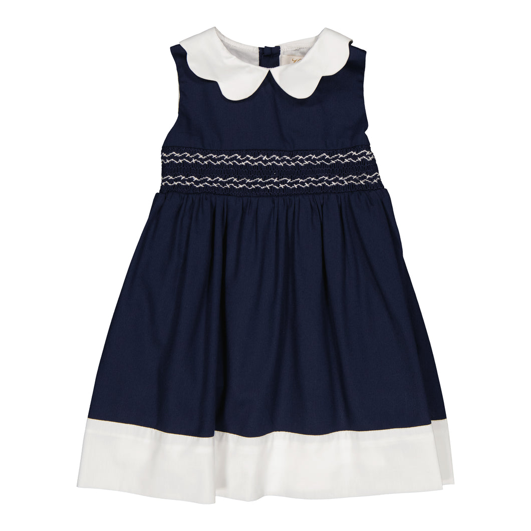 Flora, smocked dress, in Navy cotton piqué