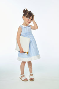 Flora, smocked dress, in Blue sky stripes 3mm