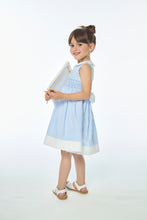 Load image into Gallery viewer, Flora, smocked dress, in Blue sky stripes 3mm