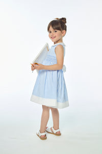 Flora, smocked dress, in Blue sky stripes 3mm