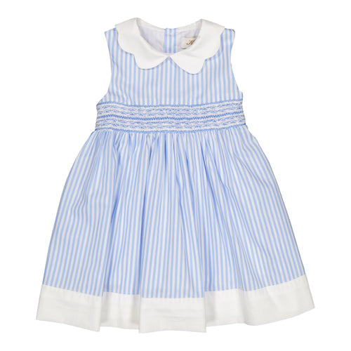 Flora, smocked dress, in Blue sky stripes 3mm