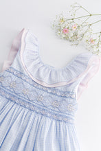 Load image into Gallery viewer, Sky blue small gingham smocked dress by Kidiwi, featuring a charming, lightweight design perfect for warm weather.