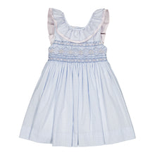 Load image into Gallery viewer, Sky blue small gingham smocked dress by Kidiwi with ruffled sleeves and bow detail, perfect for little girls.