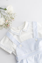 Load image into Gallery viewer, Baby boy Kidiwi Basile and Firmin sky blue gingham baby one-piece set with short sleeves and snap closures.