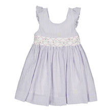 Load image into Gallery viewer, Kidiwi Bégonia smocked dress in lilac seersucker fabric, lightweight girl’s dress with ruffled details and smocking.