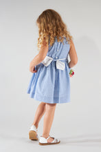 Load image into Gallery viewer, Kidiwi Ixia smocked dress in two-tone porcelain blue with plumetis polka dot pattern, featuring a classic, charming design.