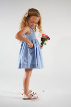 Load image into Gallery viewer, Kidiwi Ixia smocked dress in two-tone porcelain blue with plumetis polka dot pattern, featuring a stylish and comfortable design.