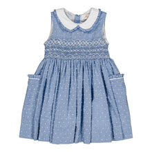 Load image into Gallery viewer, Kidiwi Ixia smocked dress in two-tone porcelain blue plumetis with delicate floral pattern and ruffled details.
