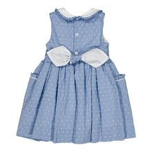 Load image into Gallery viewer, Kidiwi Ixia smocked dress in two-tone porcelain blue with plumetis pattern, showcasing elegant design and delicate fabric details.