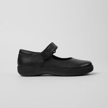 Load image into Gallery viewer, Black school shoe with a strap on a light gray background