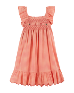 Pink gingham smocked embroidered dress