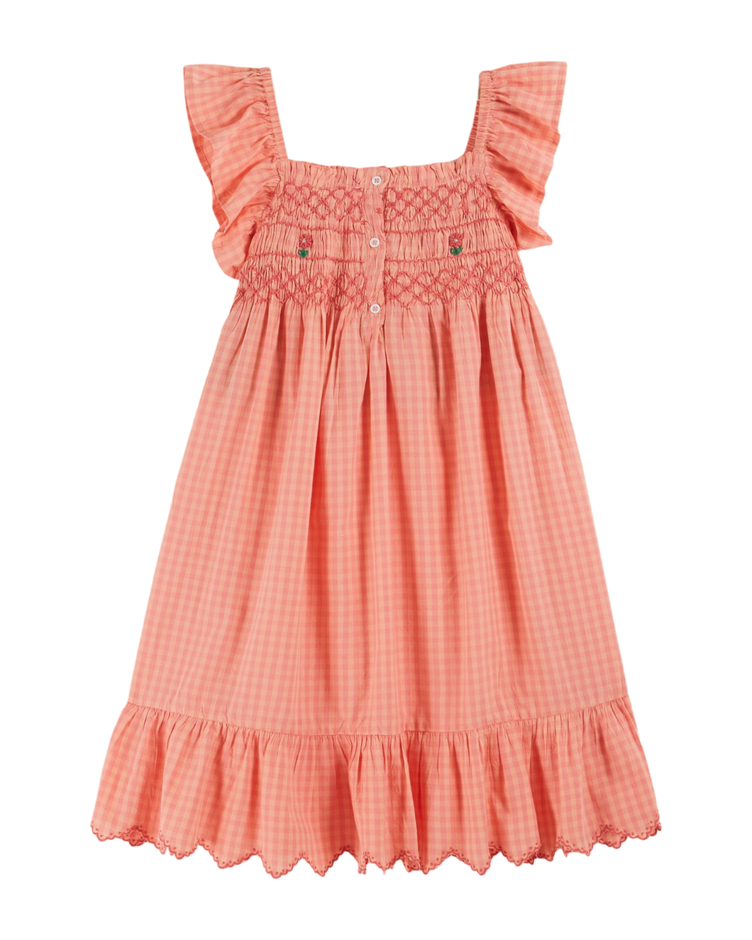Pink gingham smocked embroidered dress