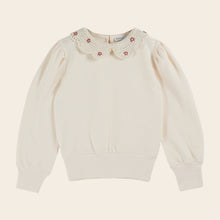 Load image into Gallery viewer, White sweater with floral lace collar on a beige background