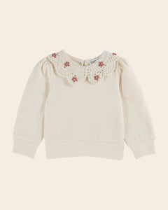 Cream organic cotton crochet-neck sweatshirt