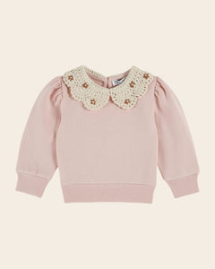Pink organic cotton crochet-neck sweatshirt